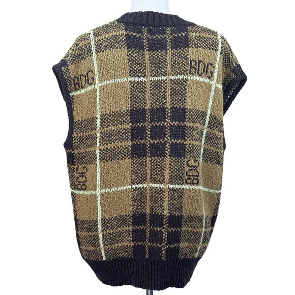 BDG brown/gold/tan sweater vest, small, layering, academic, thick, cozy, plaid - Picture 2 of 6